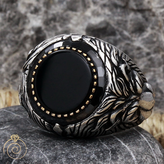 Lion Onyx Silver Men's Ring