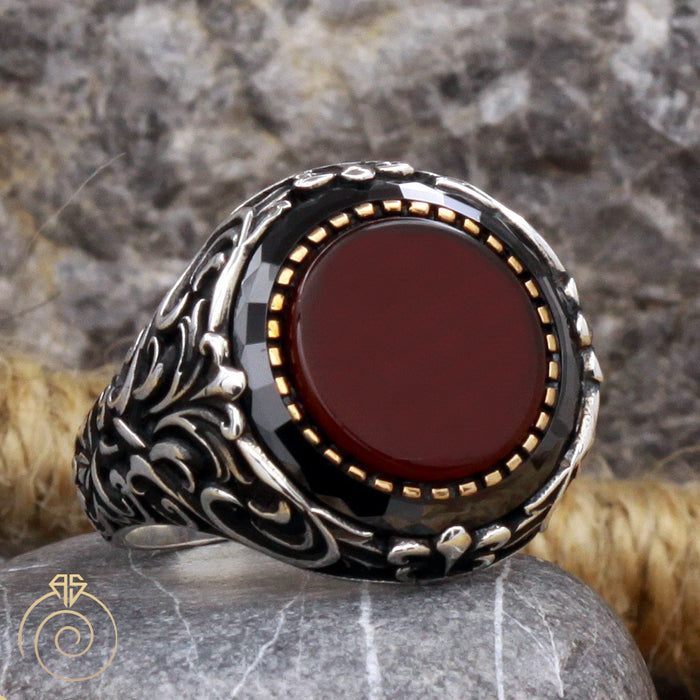 Agate Round Silver Men's Ring