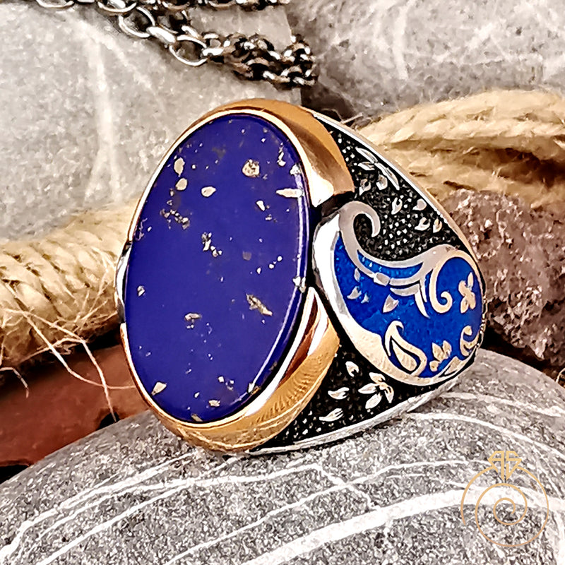 Men Lapis Lazuli Gemstone Carved Vintage Ring For Men Blue Stone Floral AGARTA
