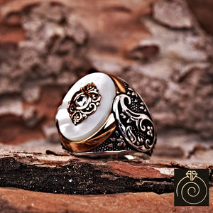 Carved Mother of Pearl Silver Men's Ring