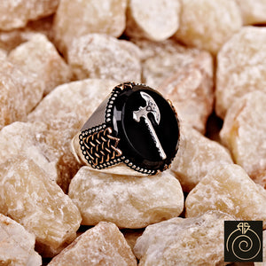 Engraved Onyx Stone Ax Signet Warrior Men's Ring