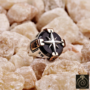 Compass Onyx Silver Men's Ring