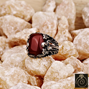 Mens Agate Gemstone Aqeeq Ring Warrior Sword Signet Jewelry