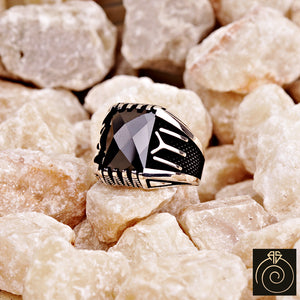 Black Quartz Silver Men's Ring