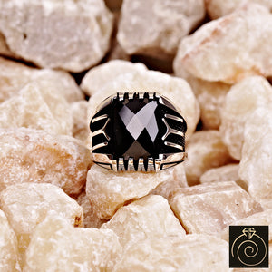 Black Quartz Silver Men's Ring