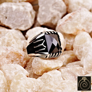 Black Quartz Silver Men's Ring