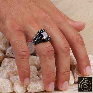 Black Quartz Silver Men's Ring