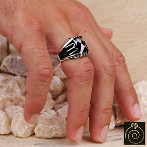 Black Quartz Silver Men's Ring