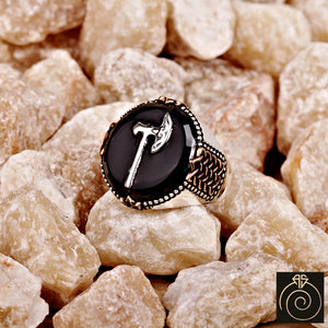 Engraved Onyx Stone Ax Signet Warrior Men's Ring