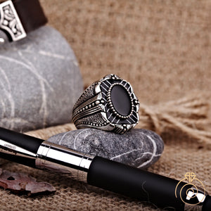 Onyx Gemstone Engraved Rectangle Men's Ring
