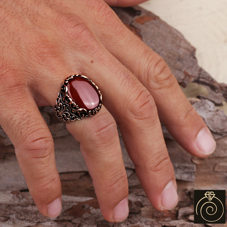 Men Ring Agate Opal Gemstone Red Carved Silver Vintage Oval Aqeeq Size –  AGARTA