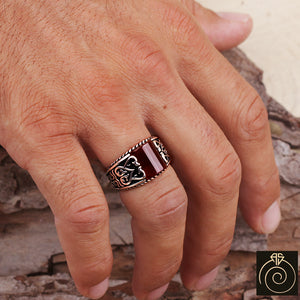 Red Agate Silver Pinky Men's Ring