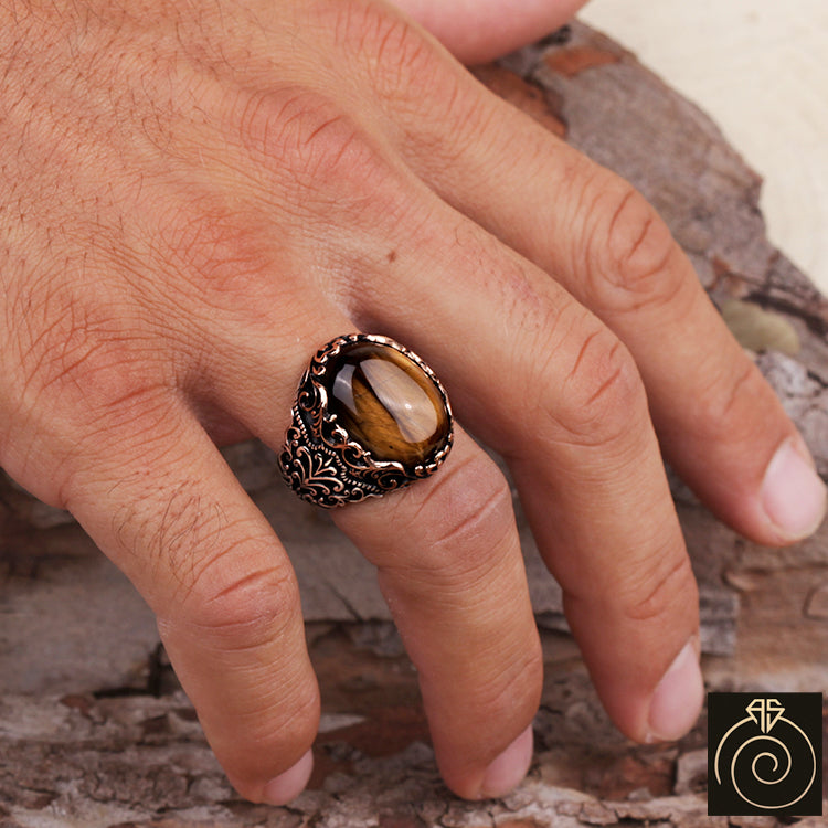 New Brown Retro Tiger Stone Men's Ring Personality Ring Fashion Temperament  To Attend The Banquet Luxury High Quality Jewelry