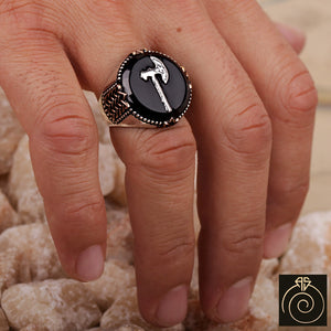 Engraved Onyx Stone Ax Signet Warrior Men's Ring