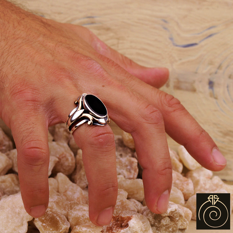 Men's Black Onyx Ring - Men's Silver Ring with Engraving - 925 Silver