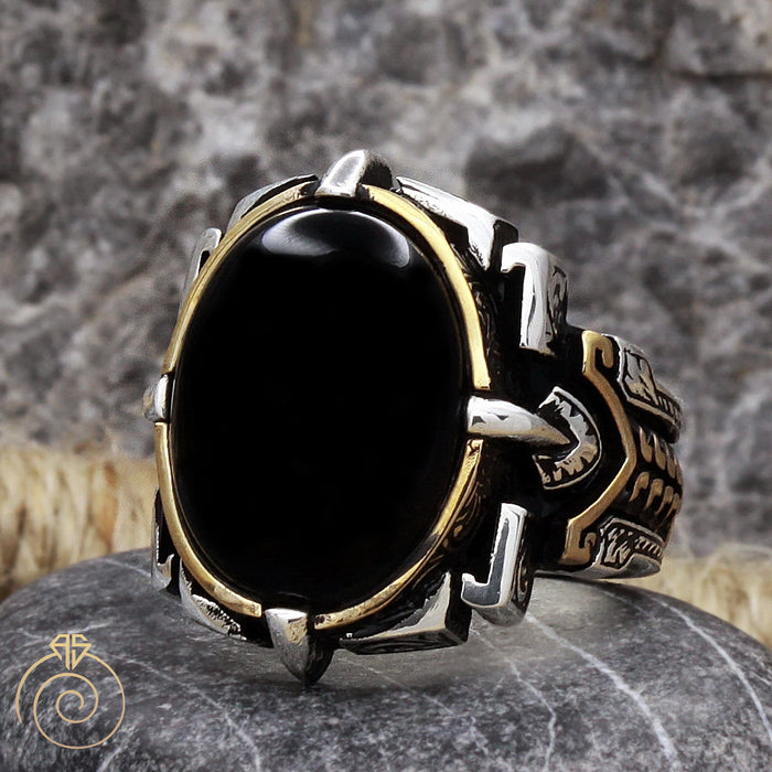 Onyx Tribal Symbol Silver Men’s Ring