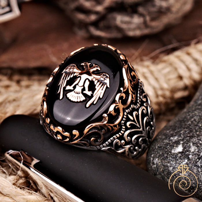 Onyx Double Headed Eagle Silver Men’s Ring