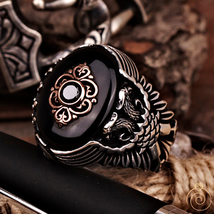 Onyx Double Headed Eagle Silver Men’s Ring