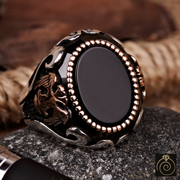 Onyx Double Headed Eagle Silver Men’s Ring