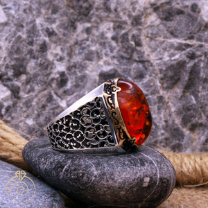 Amber Floral Silver Men’s Ring