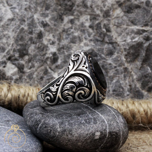 Onyx Round Silver Men's Ring