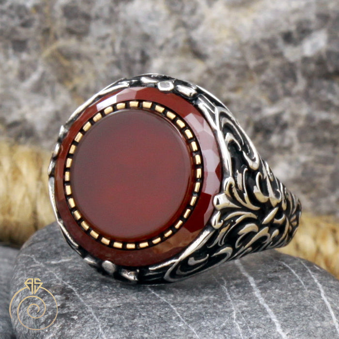 Agate Round Silver Men's Ring