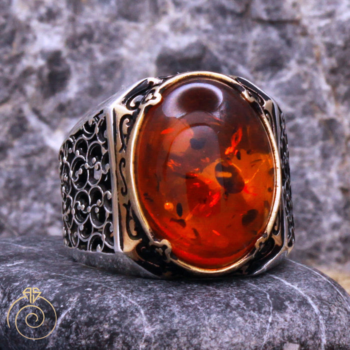 Amber Floral Silver Men’s Ring