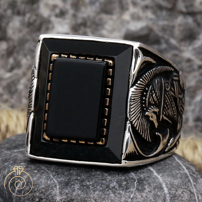 Warrior Symbol Onyx Mens Ring