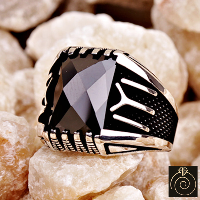 Black Quartz Silver Men's Ring