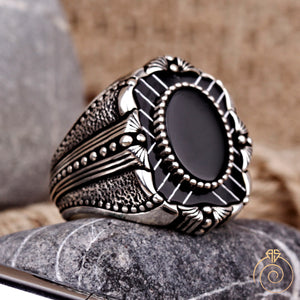 Onyx Gemstone Engraved Rectangle Men's Ring