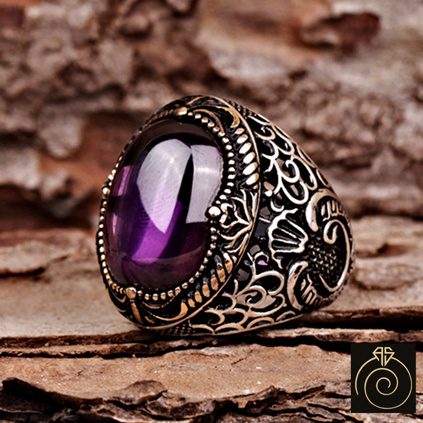 Men Ring Amethyst Gemstone Purple Unique Silver Vintage Engraved Quartz –  AGARTA