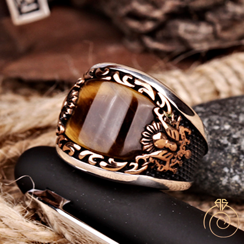 Natural Tiger Eye Gemstone with Gold Plated 925 Sterling Silver Men's Ring  #5858 | eBay