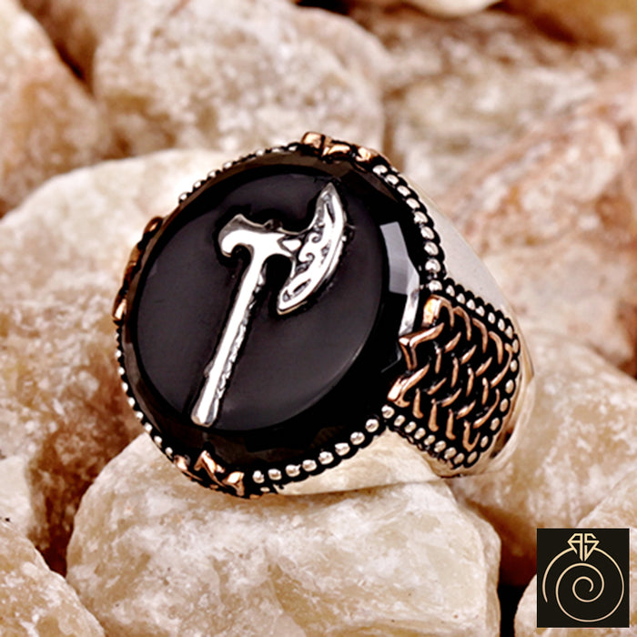 Engraved Onyx Stone Ax Signet Warrior Men's Ring