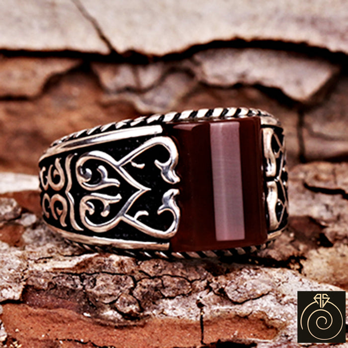 Red Agate Silver Pinky Men's Ring