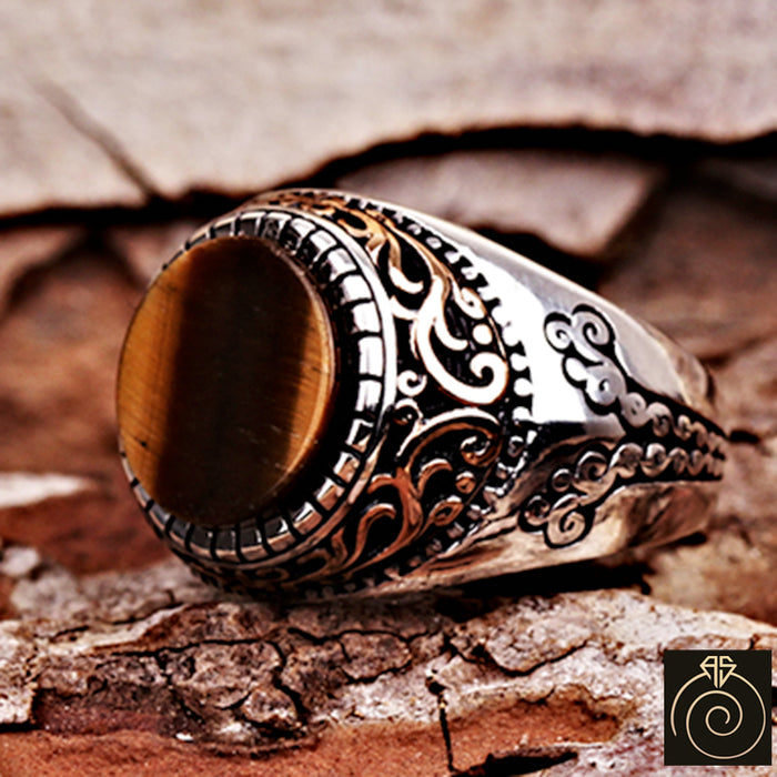 Tiger Eye Silver Men's Ring