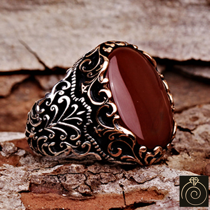 Agate Silver Men's Ring Red