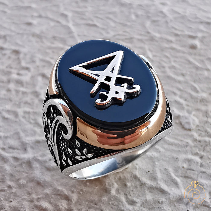 Oval Onyx Carved Silver Lucifer Sigil Men’s Ring