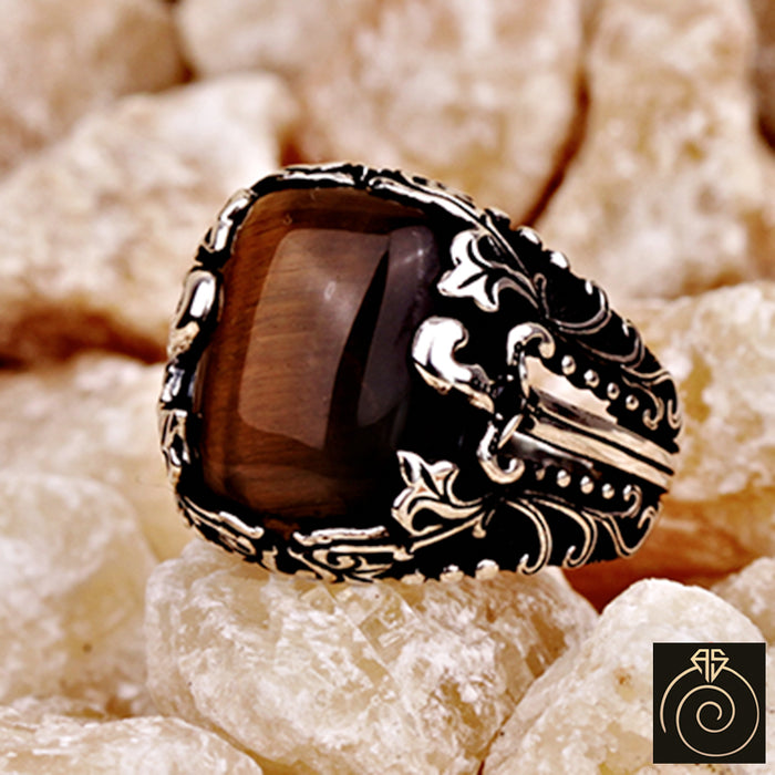 Tiger Eye Silver Men's Ring