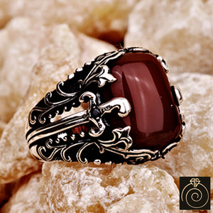 Mens Agate Gemstone Aqeeq Ring Warrior Sword Signet Jewelry