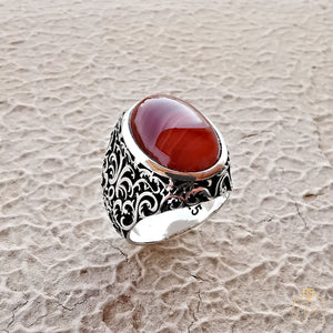 Mens Aqeeq Gemstone Ring Agate Warrior Sword Signet Jewelry