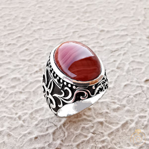 Mens Aqeeq Gemstone Ring Agate Warrior Sword Signet Jewelry