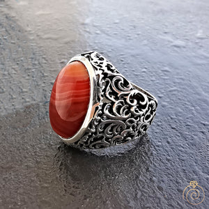 Mens Aqeeq Gemstone Ring Agate Warrior Sword Signet Jewelry