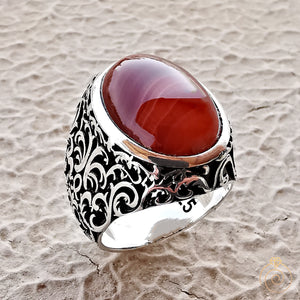 Mens Aqeeq Gemstone Ring Agate Warrior Sword Signet Jewelry