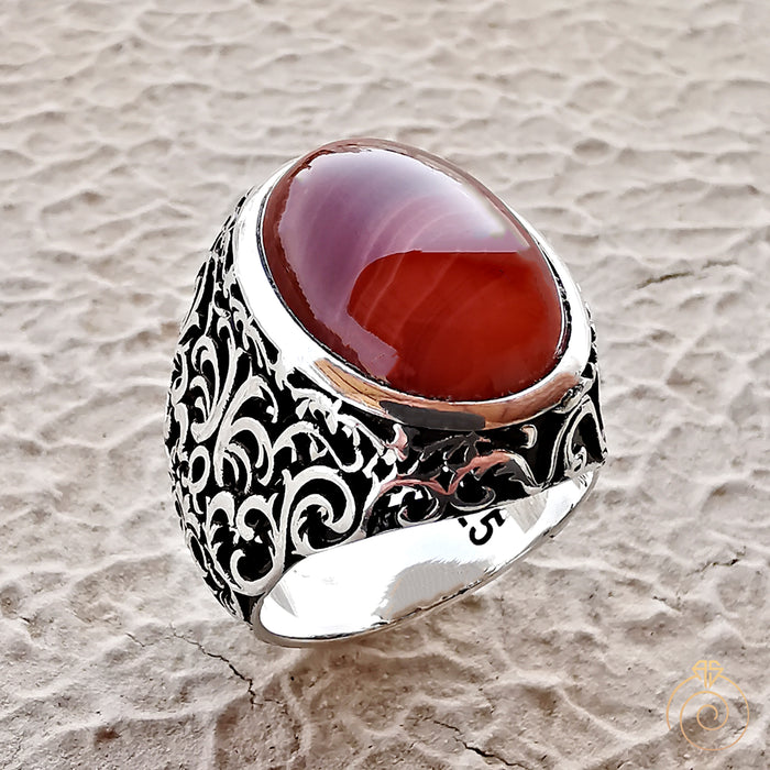Royal Collection Red Aqeeq Silver Ring No:7 | Boutique Ottoman Exclusive