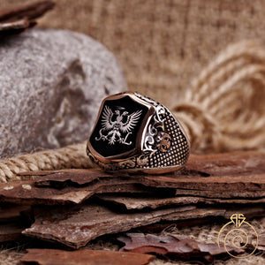 Enamel Double Headed Eagle Silver Men’s Ring