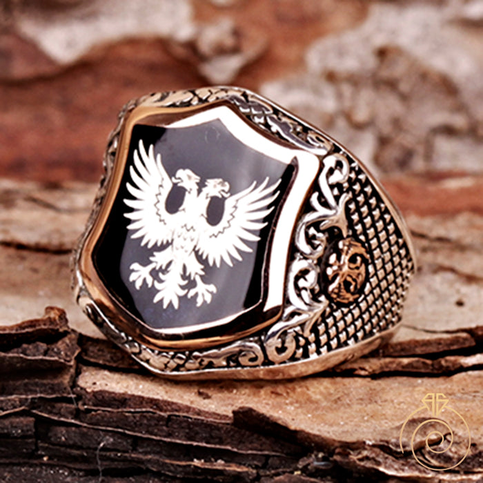 Enamel Double Headed Eagle Silver Men’s Ring