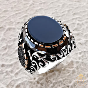 Onyx Oval Gemstone Handmade Carved Men's Ring