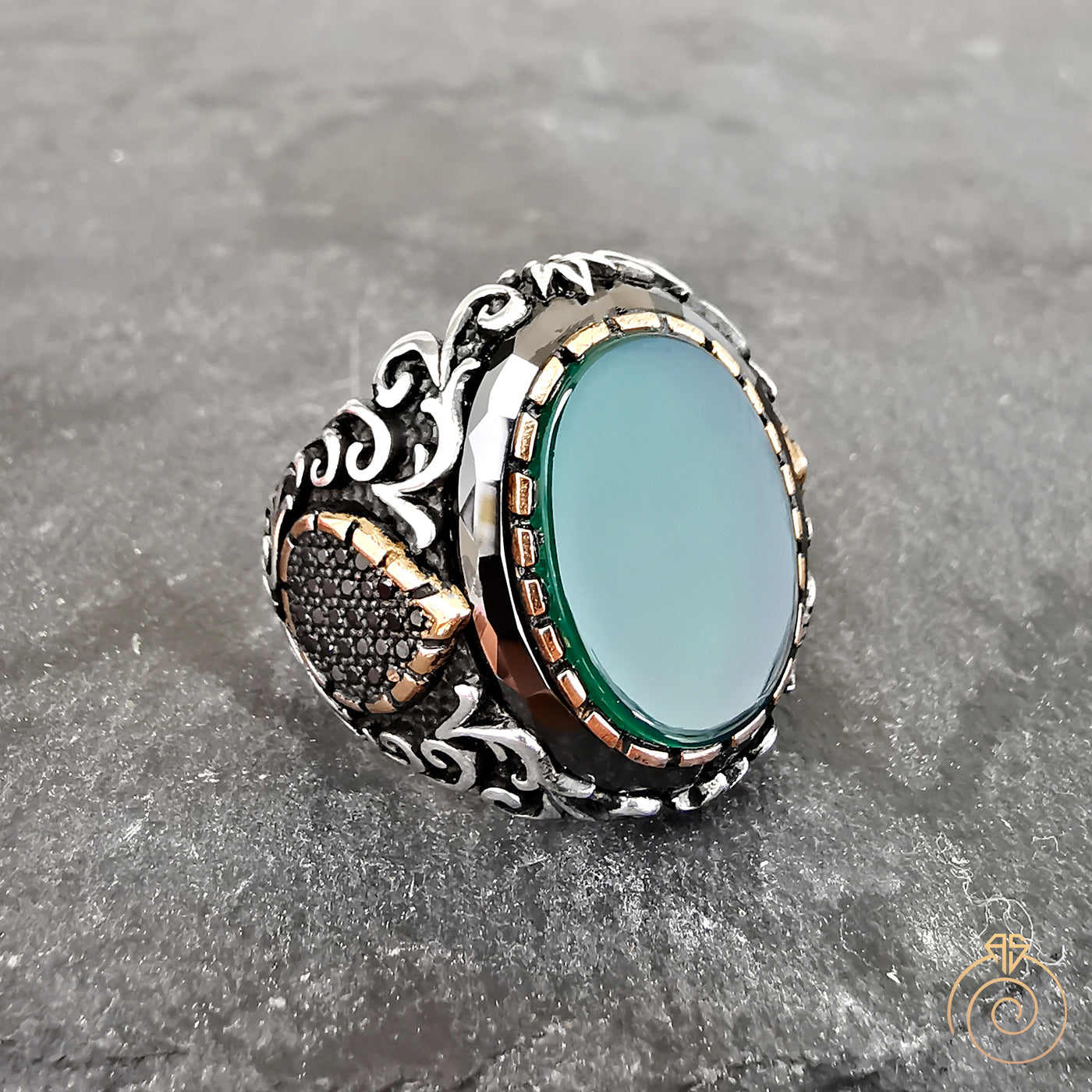 Men Ring Agate Gemstone Green Traditional Silver Vintage Engraved Aqeeq AGARTA