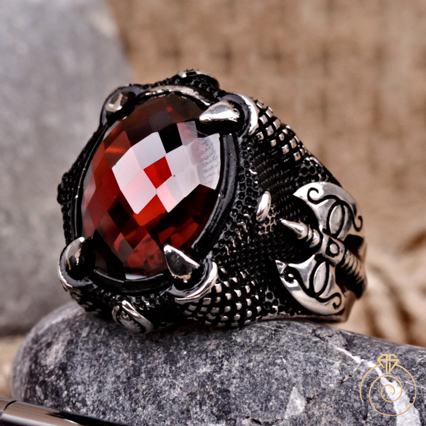 Spreek uit Reciteren Onleesbaar Men's Ruby Warrior Ring Oxidized Claw Signet Gladiator Ax Red Stone – AGARTA
