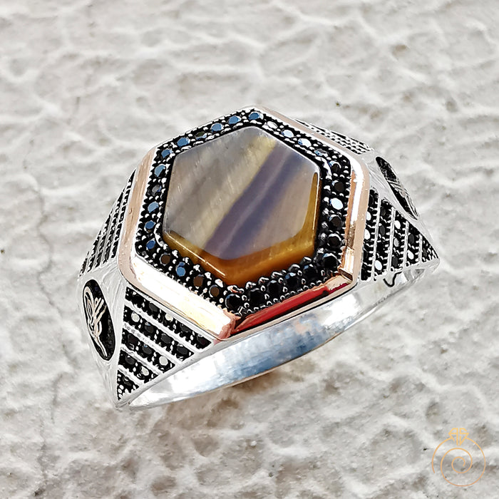 Tiger Eye Silver Men's Ring